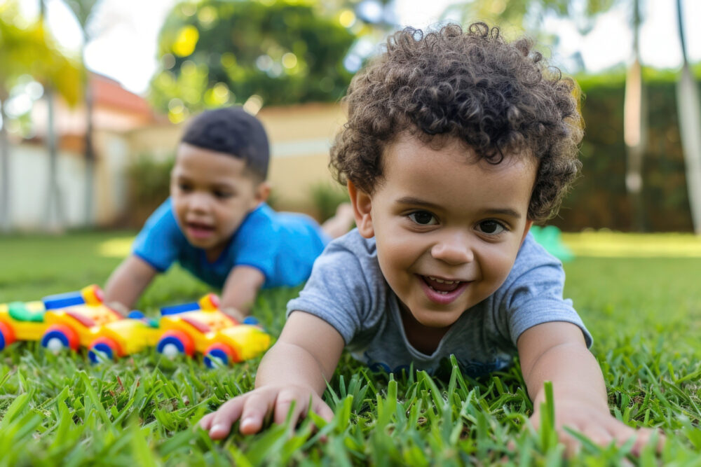 two babies playing in the lawn