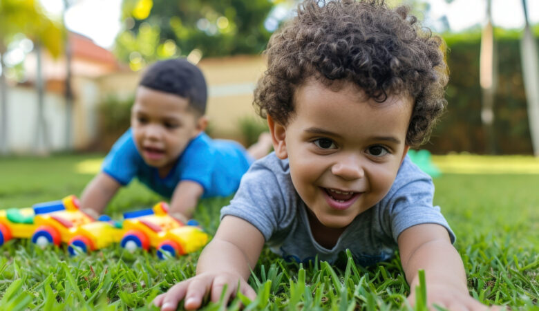 two babies playing in the lawn
