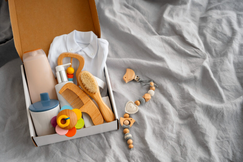 a collection of baby accessories