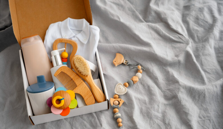 a collection of baby accessories