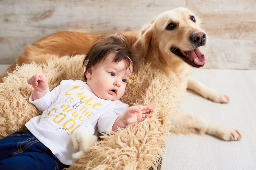 a toddler lying down close to a dog