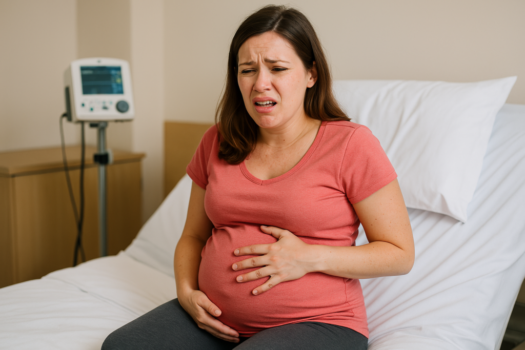 a pregnant lady holding her stomach in pain