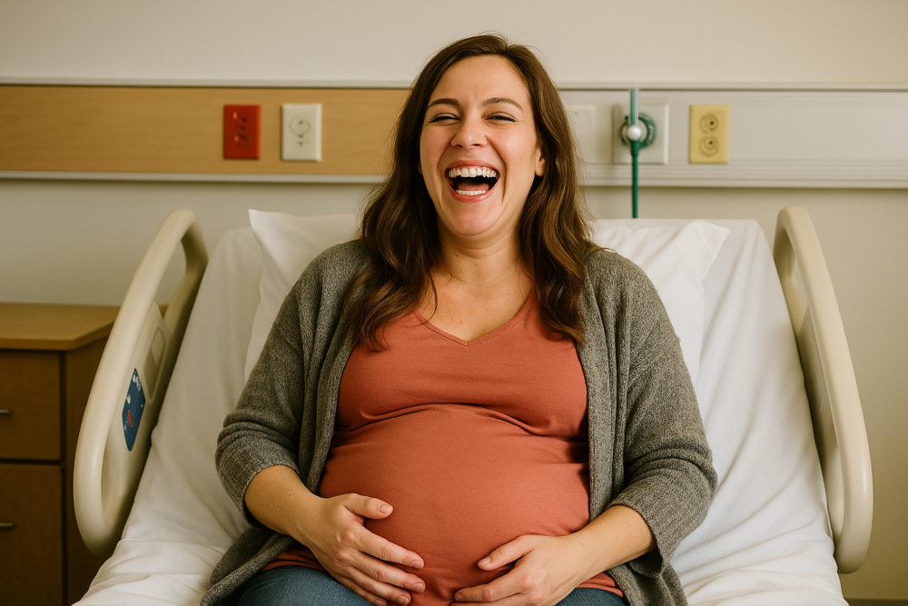 a pregnant lady laughing and holding her stomach