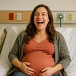 a pregnant lady laughing and holding her stomach