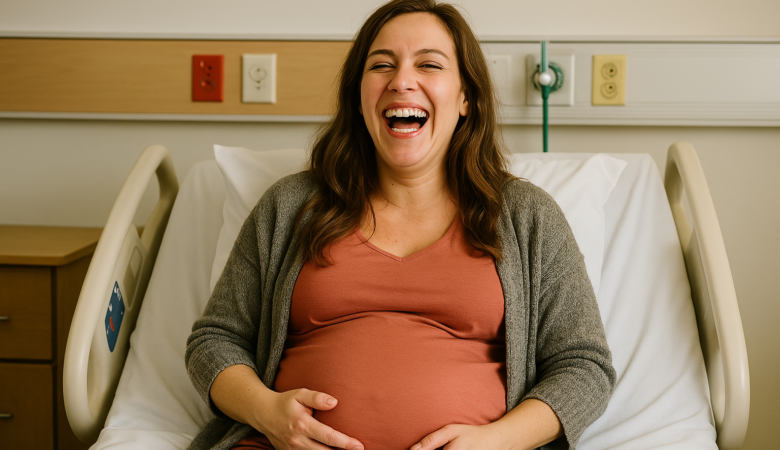 a pregnant lady laughing and holding her stomach
