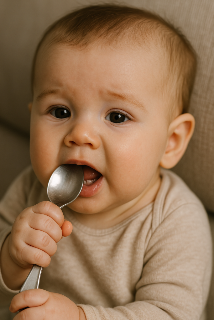 a baby with a metal spoon in its mouth