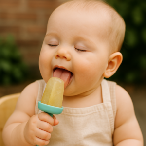 a baby licking Frozen Chamomile Tea Popsicles