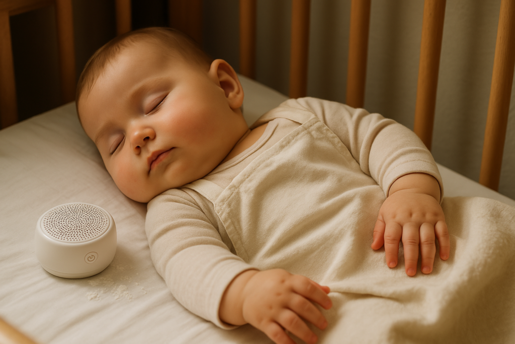 image of a baby sleeping beside a portable white noise device