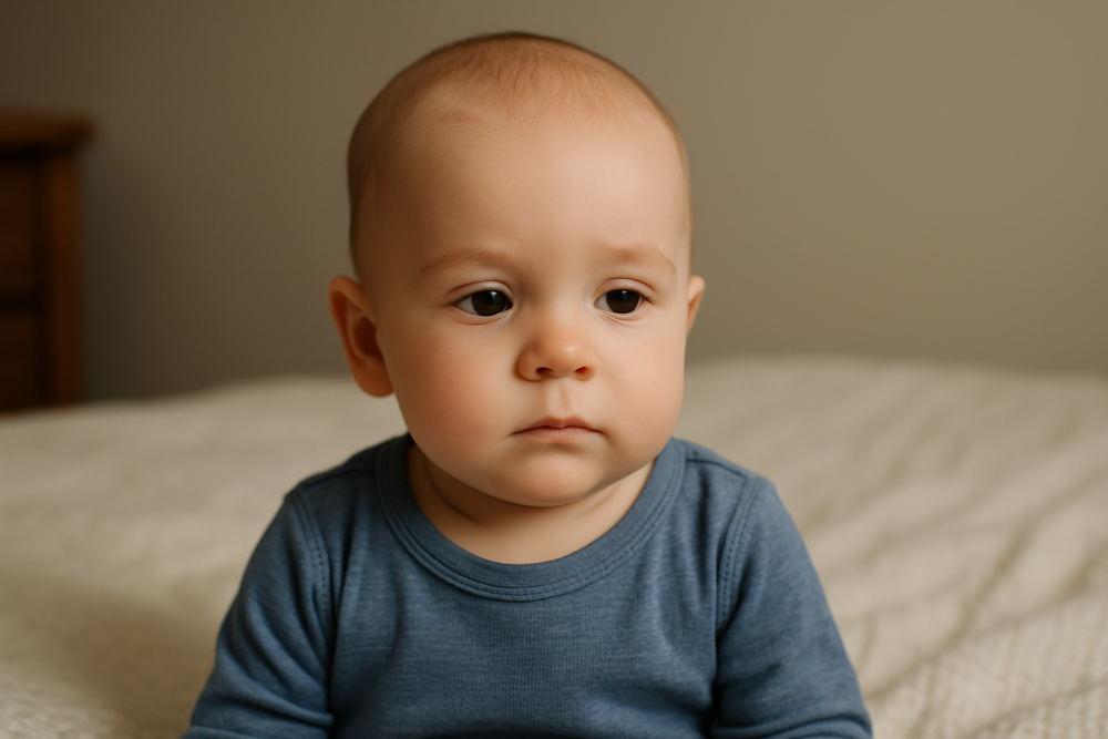 a baby with a neutral face
