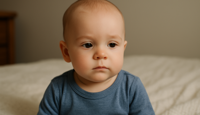 a baby with a neutral face